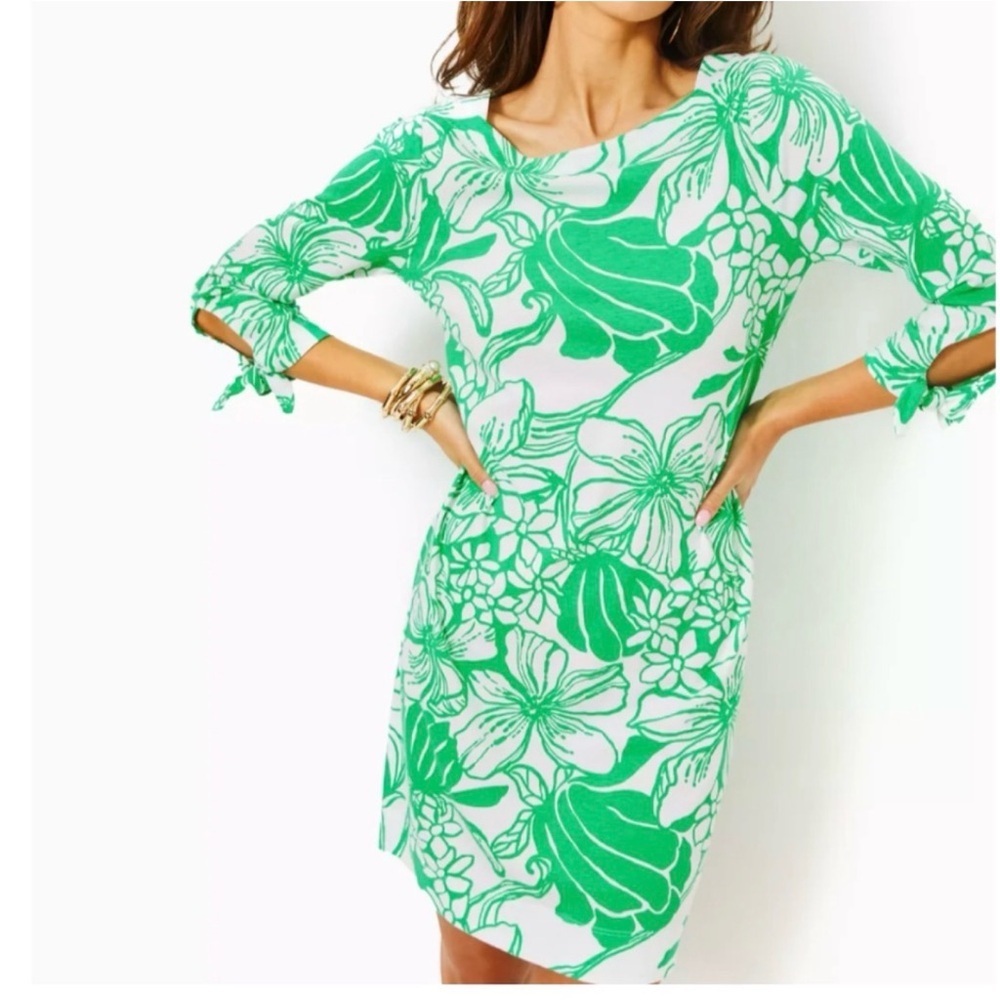 Lilly Pulitzer White & Green Floral Tie-Sleeve Mini Dress